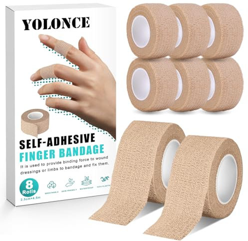 8 Rouleaux de Bandes de Kinésiologie, 2,5cm x 4,5m Bandage Adhésif pour les Doigts élastique, Ruban Sportif Imperméable, Bande Pansements non Tissées pour les muscles Pieds Poignets (Beige)