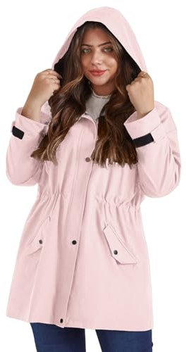 Hanna Nikole Veste de pluie imperméable à capuche légère avec cordon de serrage à la taille et poches pour femme, rose, 48 Grande taille