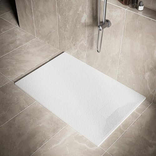 SIRHONA - Plato de ducha, 120 x 80 cm, antideslizante, rectángulo blanco, material de resina SMC, con sifón