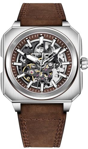 TAYSHILEY Pagani Design Luxus Herren Automatik Mechanische Uhr Edelstahl 50m Wasserdicht Sportuhr Saphirglas Lederband Band Geschenk Uhr, braun, Klassisch