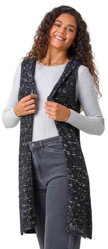 Roman Diamond Hooded Knit Gilet for Women UK - Ladies Autumn Everyday Winter Holiday Sleeveless Soft Warm Feel Comfy Fluffy Sweater Office Desk Cardigans - Black - Size 16
