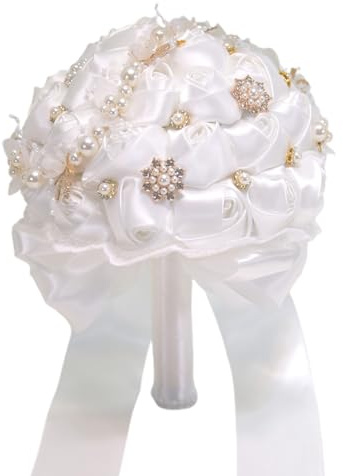 Derefine Bouquet da Sposa con Perle Artificiali di Rose in Raso, Bouquet da Sposa Fatto a Mano Bouquet di Fiori Artificiali con Rose di Raso, Bouquet da Sposa in Cristallo per Matrimonio