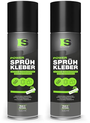 Spraytive 2 x 500 ml de colle en spray Power : pour textiles, non-tissés, mousse, cuir, ciel de toit, tapis, papier et plus encore – Forte adhérence permanente avec réglage de pulvérisation variable
