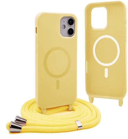 YFSYLL Funda Magnética para iPhone 12 con Cuerda, Compatible con MagSafe,Carcasa Silicona Case,Carga Inalámbrica,con Correa Colgante Ajustable Collar Cordón - Amarillo