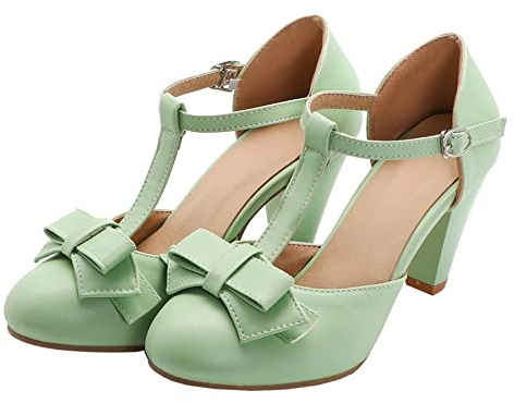 Elbslutt Women's Cute Retro Rockabilly Shoes T Strap Mary Janes Heels Chunky Cosplay Shoes Sweet Block Heeled Bow Pumps, Size 7.5, Green