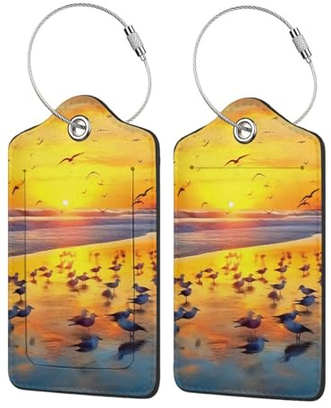 Gepäckanhänger mit Möwen am Sonnenuntergangsstrand, Reisegepäckanhänger aus Pu-Leder, Kofferanhänger, langlebige Kofferanhänger mit Stahlschlaufe, Kennungen