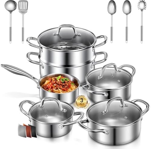 15 PCS Saucepan Set, Uncoated 3PLY Stainless Steel Cookware Set with Steamer Insert, Stainless Steel Cookware Set Suitable for All Hob Types, PFOA, PFOS Free