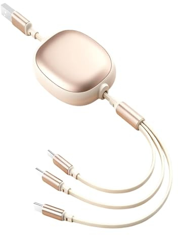 100W Cargador Múltiple, Cable USB C 3 en 1 Retráctil, Cable de Carga Rápida y Transferencia de Datos USB C Múltiple, con Conectores para iOS, Micro USB, Tipo C, para Smartphone, Tablet, Pad, Beige