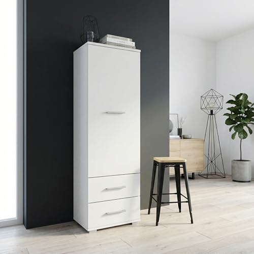 Komodee Kleiderschrank FAUSKE Weiß 40x130x36 cm | Kleiderschrank FAUSKE - 2 Schubladen - Weiß - Breite 40 cm, Höhe 130 cm, Tiefe 36 cm