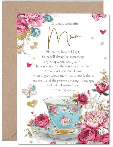 Mum Birthday Card, Sweet Verses | Happy Birthday Card for Mum from Son Daughter, 5x7 Inch Elegant Floral Teacup Mother's Day Greeting Cards