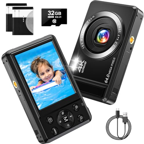 Digital Camera - 4K 64MP with 16x Digital Zoom, 2.8'' Compact Digital Camera with 32GB TF Card and 1200 mAh Battery, USB Cable, for Teenagers, Beginners