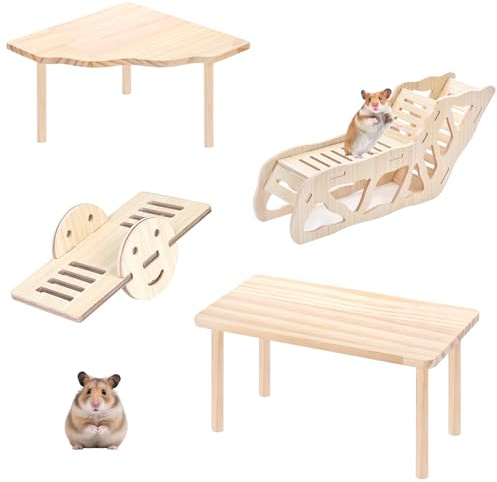 4er Set Holz Hamster Plattform auf Stelzen & Hamster Tunnel | Holz, Kleintierspielzeug Hamsterkäfig Einrichtung Zwerghamster Goldhamster Rennmäuse