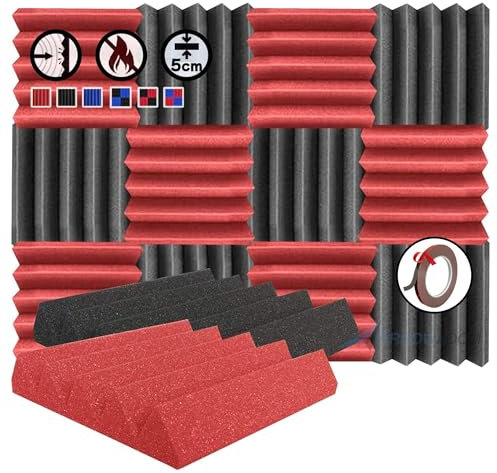 Arrowzoom 12 Polyurethane Wedge Panneaux Mousse Acoustiques 25x25x5cm Correction Phonique anti bruit Retardateur flamme studio d'enregistrement absorbant acoustique Podcasting Streaming Rouge Noir
