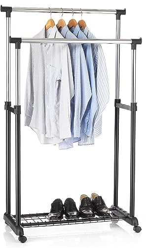 IDIMEX Portant à vêtements Grosso penderie Double sur roulettes vestiaire Mobile avec 2 Barres de Hauteur réglable et Une Tablette de Rangement, en métal chromé et Plastique Noir