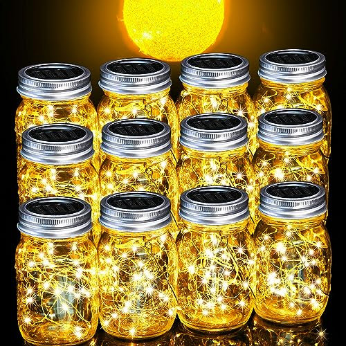 Cooo 12 Pack Solar Lanterns Outdoor Waterproof Upgraded Crystal Glass Solar Mason Jar Lights 30 LED 215% Larger SolarPanel, Anti-Rust Lid（Just a Little More,Get Double The Delight-Warm White）