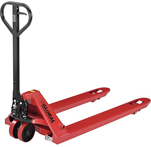 Global Industrial Standard Duty Pallet Jack with 27 W x 48 L Forks, 5500 lb. Capacity, Manual Pallet Truck for Warehouse, Manufacturing and Retail, Red Powder Coat Finish