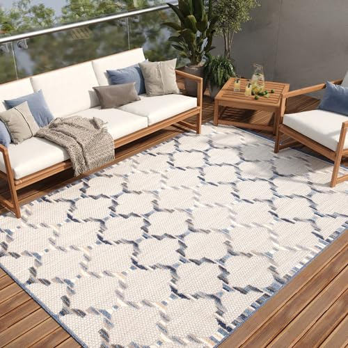 TAPISO Patio Teppich Indoor Outdoor Beige Blau Marokkanisch 120 x 170 cm | Robuster Teppich UV-beständig Flachgewebe Sisaloptik Wetterfest Terrasse Wintergarten Balkon OEKO-TEX