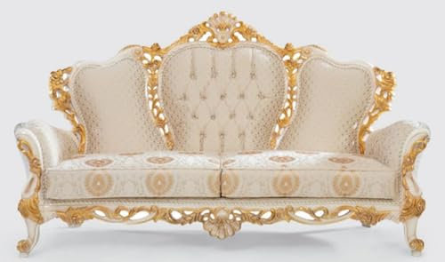Casa Padrino Luxus Barock Sofa Creme/Weiß/Gold 230 x 95 x H. 130 cm - Handgefertigtes Wohnzimmer Sofa mit elegantem Muster - Barock Wohnzimmer Möbel - Edel & Prunkvoll