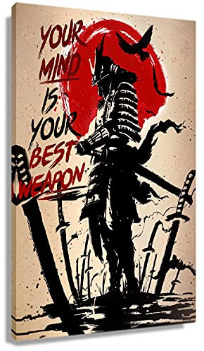 Motivierende Wandkunst-Poster Your Mind Is Your Best Weapon, inspirierende Zitate, Wanddekoration, moderner japanischer Samurai-Wandkunstdruck, Giclée-Leinwandbild, gerahmt, 30 x 45 cm