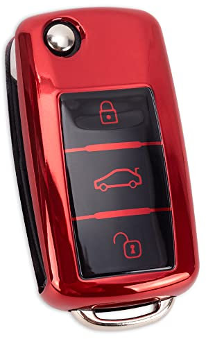 Autoschlüssel Hülle für VW Golf Skoda Seat Schlüsselhülle Cover 3-Tasten TPU Auto Schlüssel Cover (Rot)
