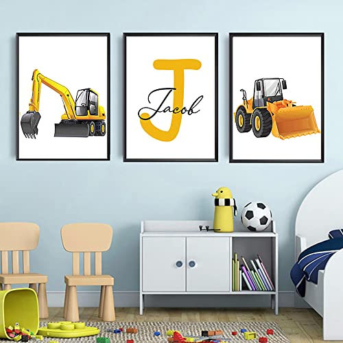 3 Bilder Kinderzimmer Junge Fahrzeuge Poster Namen Kinder Personalisierte Bilder Babyzimmer 30 x 40 cm Poster Kinderzimmer Baufahrzeuge Bagger Bild Junge Baby Wandbilder Geschenke Leinwand ohne Rahmen
