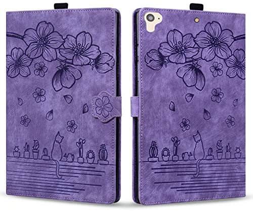 Rosbtib Coque pour iPad 9,7 Pouces (Modèle 2018/2017, 6e/ 5e Génération), Etui Cuir PU avec Fentes Cartes Magnétique Housse 9.7 iPad 6. Génération/ 5. Génération, Violet Chat Sakura