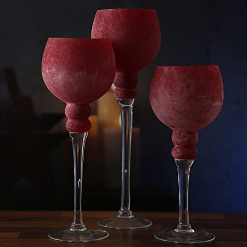 Kerzenhalter Kelch 3er Set Windlicht Glas 3 Höhen Teelichthalter in Kelchform Dekokelch Dekoglas Kerzenständer (rot satiniert)