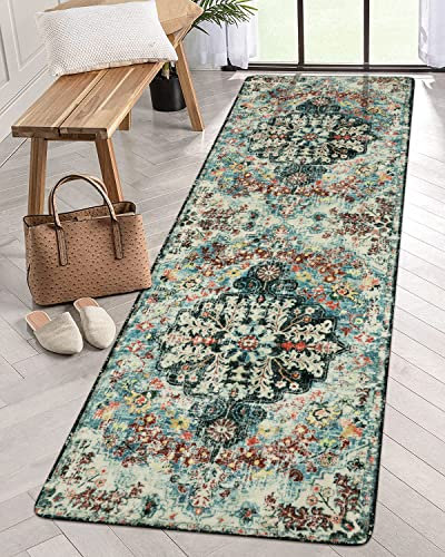Lahome Floraler Boho-Medaillon-Läufer, 0,7 x 2 m, waschbarer Flurläufer, rutschfest, Küchenteppich, türkisch, weich, haustierfreundlich, Treppenmatte, Badezimmer, Waschküche, Wintergarten, Blaugrün