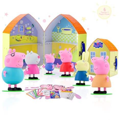 LUPPA Peppa Pig Peppa Wutz Spielzeug mit 6 Figuren in der Lunchbox aus der Dose zum Sammeln, inklusive Malvorlagen, Aufkleber, Maske, Fingerpuppen und Armable Stanzfiguren