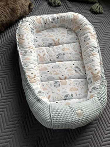 Minze WAFFELPIQUE/HASE Beige-Weiß Babynest Babyaustattung Neugeborene Baby Unterlage Reisebett Nestchen SOLO/o. in PREMIUM Geschenk SETS (Nestchen SOLO)
