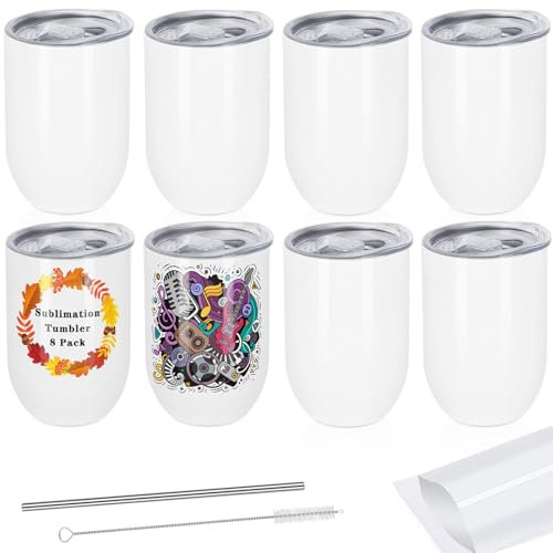 Draheri Doppelwandige isolierte Weingläser aus Edelstahl, Rohlinge in Großpackung, Sublimationsbecher und Becher mit Strohhalm und Strohhalmbürste, einzeln verpackt (8 Stück)