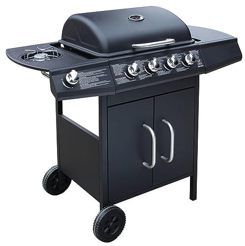 Gecheer Barbecue,Griglia,a Gas,4+1,Fornelli,Nero,con Ruote 104x55,4x97,7 cm,Barbecue da Giardino,Barbecue da Esterno,Barbecue a Gas,Griglia a Gas,Barbecue Griglia a Gas da Giardino Esterno