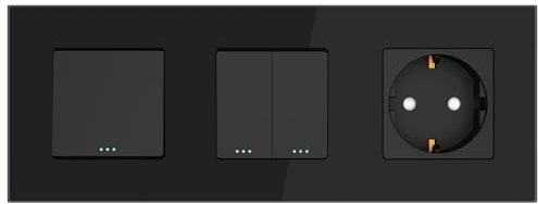 PULSAR Serienschalter/Kreuzschalter/Steckdose Schwarz Glas, Lichtschalter Unterputz 3-Fach mit Schuko-Steckdose