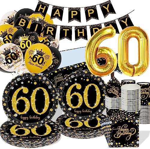 60th Birthday Decorations Party Tableware Set, Black Gold 60th Birthday Paper Party Plates Cups Napkins Tablecloth Balloons for Women Men 60th Birthday Party Decorations Table Supplies, 16 Guests