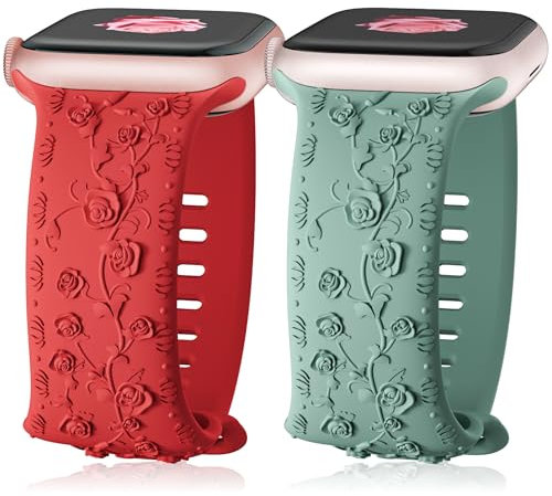 SOLOLUP Engraved Strap for Apple Watch Straps 40mm 41mm 38mm 45mm 44mm 42mm 49mm iwatch Strap Women, Soft Silicone Rose Floral Pattern Band for Apple Watch Series 9 Strap Ultra/2 8 7 6 5 4 3 2 1,SE