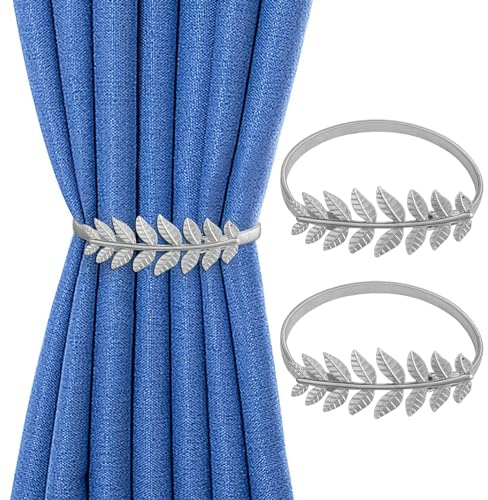 Minicoco Curtain Tie Backs 2 Pack Silver Curtain Tie Backs for Home Office Room Decor Minimalist Style Curtain Holdbacks(Silver Leaf)