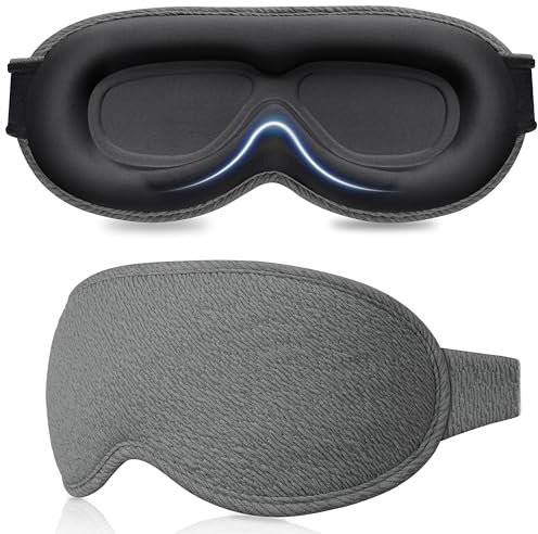 Gritin 3D Schlafmaske für Seitenschläfer, Upgrade Atmungsaktive Schlafbrille mit Verstellbar Gummiband, Lichtblockierend, Bequem & Ergonomisch Augenmaske, 2 Paar Ohrstöpseln, Grau