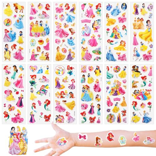 Princess Stickers, 12 Sheets 3D Cute Puffy Stickers for Children Kawaii Cartoon Animal Waterproof Vinyl for Girls Laptop Computer Guitar Phone Case Refrigerator Gifts DIY