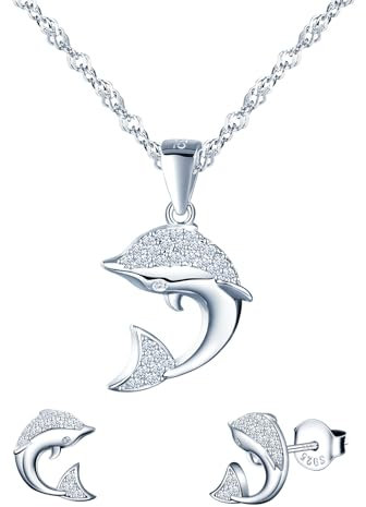 MICMIF Damen Silberschmuck Set Delphin Ohrringe und Halskette für Frauen Mädchen 925 Sterling Silber Delphin Anhänger mit Kette, Ohrstecker Delphin Zirkonia, Niedlicher Tierschmuck