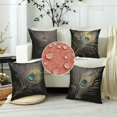 Outdoor Kissenbezug 40 x 40 cm Outdoor Kissen Wetterfest 4er Set Kissenbezug Schwarz Wasserdichte Sofakissen Dekokissen Modern Kissenbezüge Pfau Zierkissen Kissenhüllen Outdoorkissen für Garten T-1
