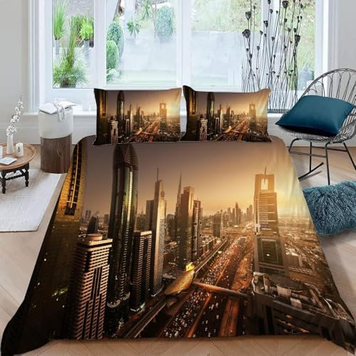 HATEGE Bettwäsche 155x200 cm New York, 3D Bettwäsche Set Mikrofaser Bettbezug Stadtbau für Kinder, Weiche Sommerbettwäsche + 2 Kissenbezug 80x80 cm EA487