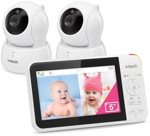 VTech VM924-2 Video-Babyphone mit 2 Kameras, Schwenk- und Neige, Babyphone mit 5 Zoll LCD-Bildschirm, bis zu 17 Stunden Akkulaufzeit, 1,33-facher Zoom, Nachtsicht, 300 m Lange Reichweite, beruhigende