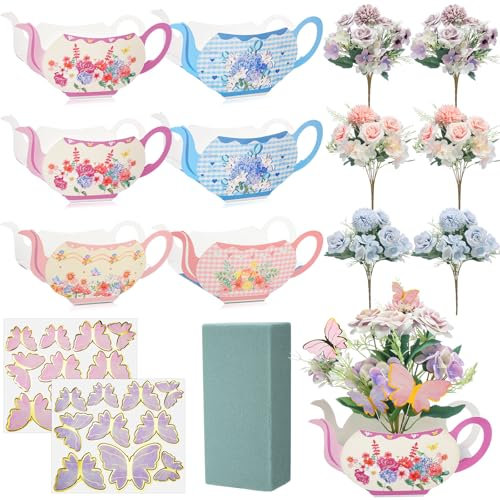 Lunmon Teeparty-Dekorationen inklusive 6 Teekannen-Blumenkästen mit 6 künstlichen Pfingstrosen, Blumenstrauß, Teeparty-Tafelaufsätze für Tische mit 40 Schmetterlingssteckern und Blumenschlamm