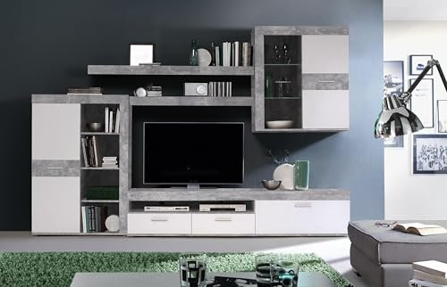 möbelando Wohnwand >Zumba< in Betonoptik Lichtgrau/Weiß (300x200,9x41 cm) bietet viel Stauraum, LED-Glasböden und modernes Design. Ideal für TVs bis 60 Zoll.