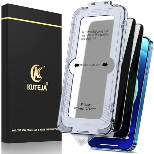 Kuteja Panzerglas Sichtschutz für iPhone 12/12 Pro [2 Stück], 9H Härte Anti Spähen Full Screen Schutzfolie, Automatische Staubentfernung Folie, Anti-Fingerabdruck, Anti-Kratzen