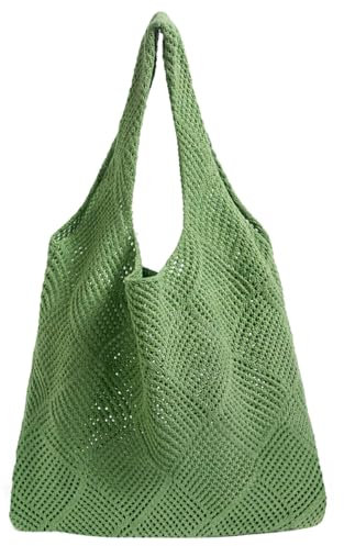 Augesak Strandtasche Damen, Häkeltasche Beach Bag, Gestrickte Umhängetasche Sommer, Strandtasche Netz für Urlaub Reisen Strand Sommer und Alltag (Grün)