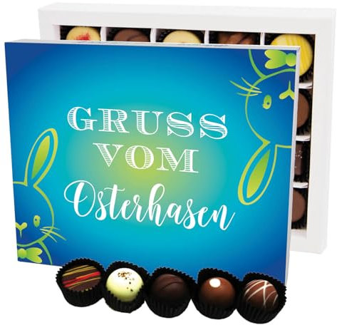Hallingers Gruß vom Osterhasen XL - Pralinen zu Ostern, Ostergeschenke für Osterkörbchen zu Ostern, Pralinen handgemacht ohne Alkohol (Box) - Geschenkideen Weihnachten & Geschenke Adventskalender | Gl