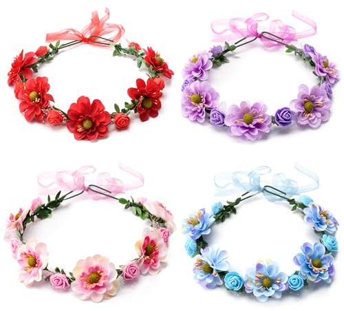 Qzakce Blumenkrone für Frauen Mädchen Blumen Stirnband Blumenkronen-Stirnbänder Blumenkrone Boho Blumen Haarkranz für hawaiianische Party Hochzeit Beach Festival Ferien Haarzubehör 4 Stück