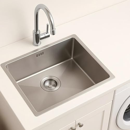 Évier Cuisine 1 Bac,Lavabos Encastrable, (Robinet Non Inclus) petit évier Inox Cuisine Inclus Avec Crépine Et Tuyau De Descente En V,Facile à Nettoyer
