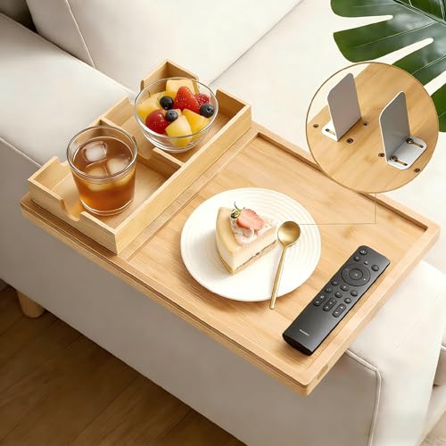ROCDEER Bamboo TV Tray Sofa Arm Tray Table - Universal Adjustable Caddy with Cup Holder & Anti-Slip Base, Sturdy & Stable Non-Tip Snack Laptop Bed Tray for Wide Narrow Chair Arms, Living Room